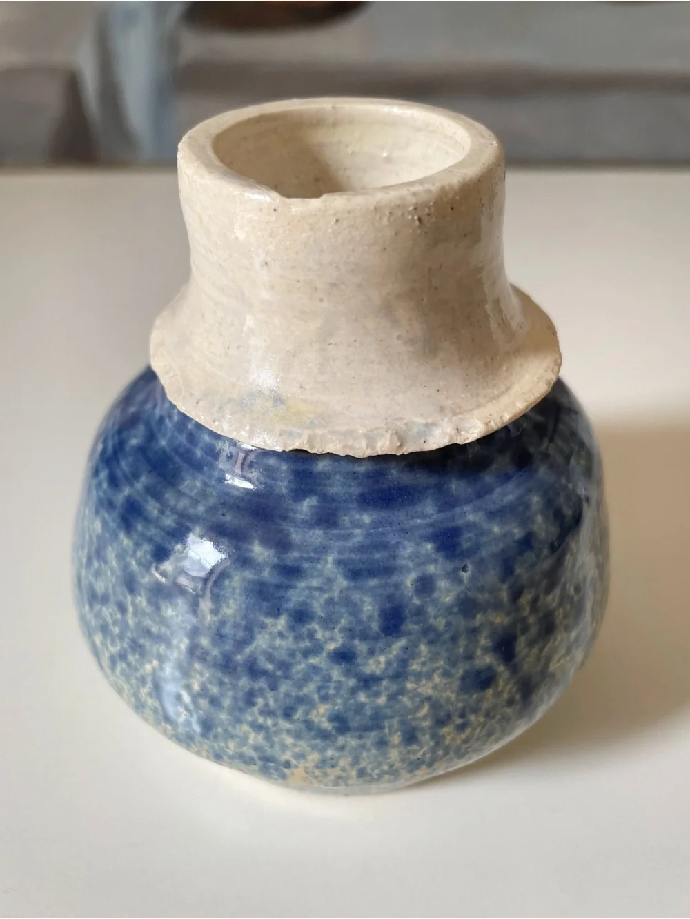 Signed Studio Pottery Handmade Ceramic Blue Mottled Candle Holder